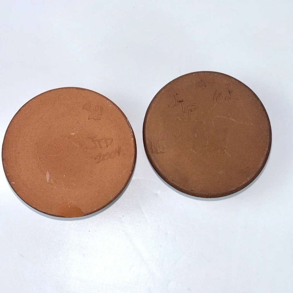 JTP 2004 Studio Pottery Redware Inkwells Pen Quill Holders Set of 2 Signed VTG